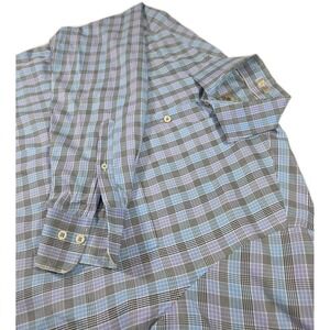 Peter Millar Men's Blue and Black Checked Shirt 100% Cotton Size Medium